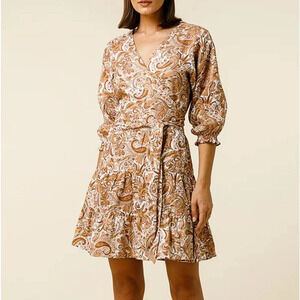 Lusana Floral Paisley Linen Mini Wrap Dress NWOT Size US4